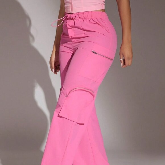 Hot Pink Casual Womens Zipper Patch Pocket Side Pants - Picture 3 of 5